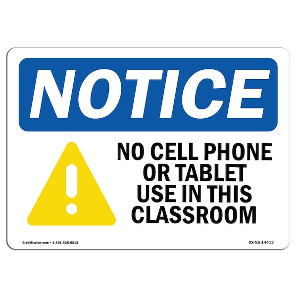 Safety Sign, OSHA Notice, 12" Height, No Cell Phone Or Tablet Use Sign With Symbol, Landscape